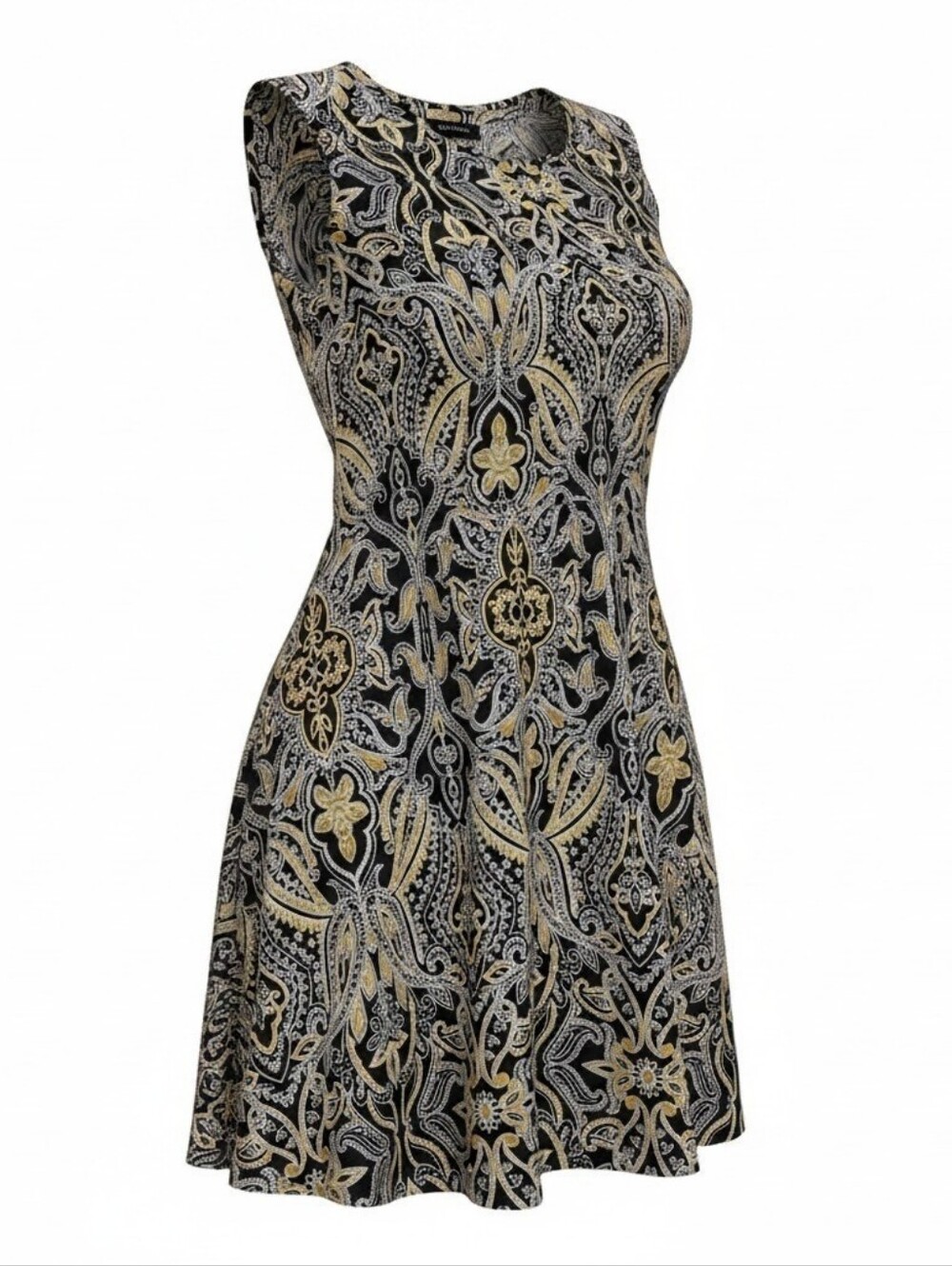 Tahari  GORGEOUS!! Sleeveless Black & Gold Paisley A-Line Flowy Dress Sz Small